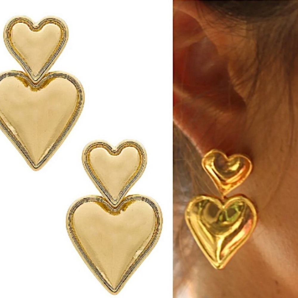 Anthropologie Amber Sceats "Cupid" Gold Double Heart Earrings New ~with gift box